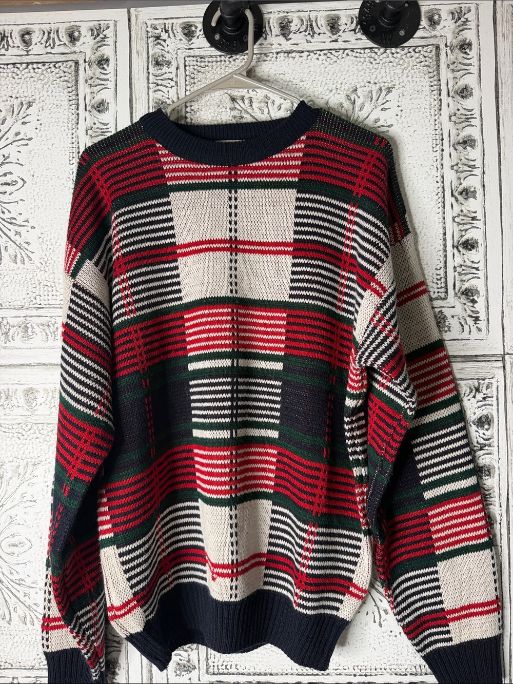 Vtg Striped Plaid Crewneck Sweater - Red, Navy, Cream, green